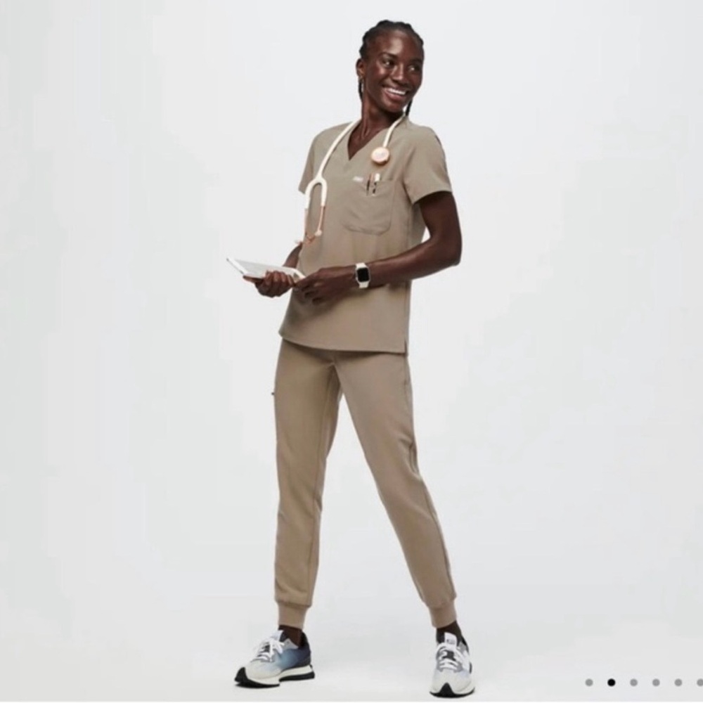 Figs scrub set in Latte (beige / tan) Catarina top + zamora jogger bottoms